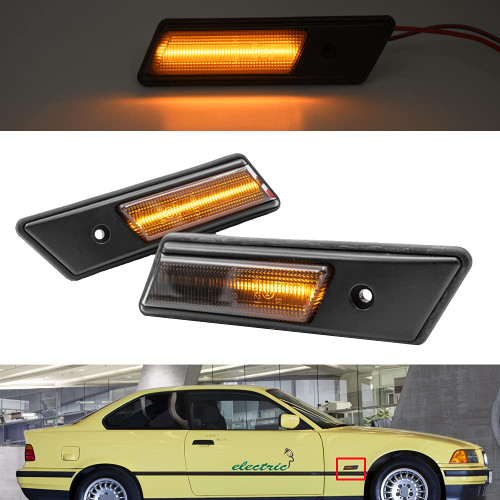 2Pcs Full LED Amber Dynamic Sequential Blink Side Marker Lights for 1992-1996 BMW 3 Series E36 Pre-facelift M3 318is 325is 318i 320i Smoked Lens Fender Turn Signal Light Replace OEM Sidemarker lamp