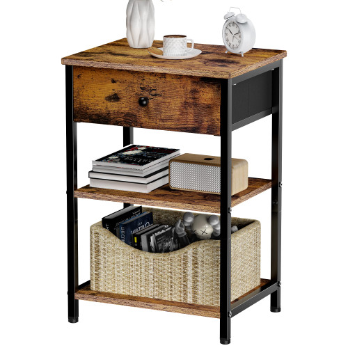 AOUYYI Nightstand with Storage Drawer, End Table with Open Shelf, Night Stand for Bedroom, 3-Tier Storage Side Table for Living Room, Easy Assembly - Rustic Brown