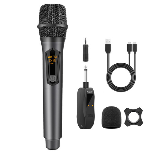 Aveek Wireless Microphone Karaoke, Rechargeable Wireless Microphones with Receiver 2.4GHz Dual Dynamic Microphone for Karaoke Singing, Speech, Wedding, Church,Grey,1 Pack