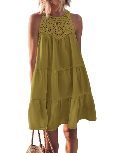 BTFBM Women Hollow Out Halter Neck Dress Spring Summer Sleeveless Tiered Swing Sundress Casual Beach Vacation Dresses(Solid Army Green, Small)