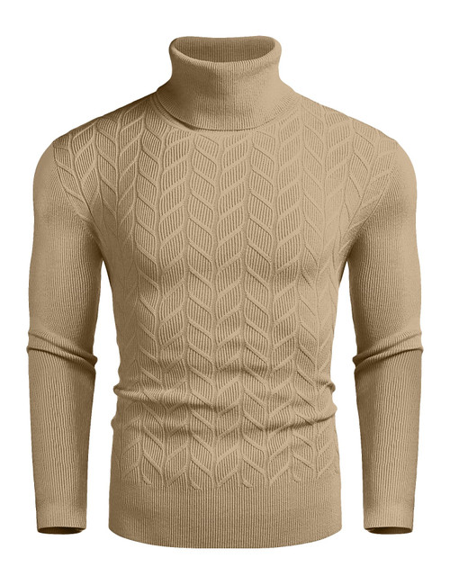 COOFANDY Men's Slim Fit Turtleneck Sweater Casual Pullover Sweater Basic Twist Patterned Knitted Sweater Khaki