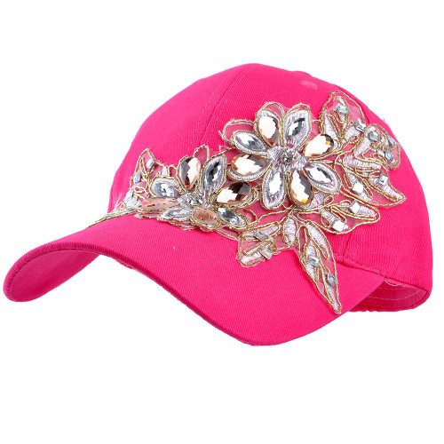 Elonmo Lace Flower Bling Rhinestone Hat, Womens Baseball Cap with Crystal Rhinestone Golf Sun Hats Adjustable (Flower-Hot Pink)