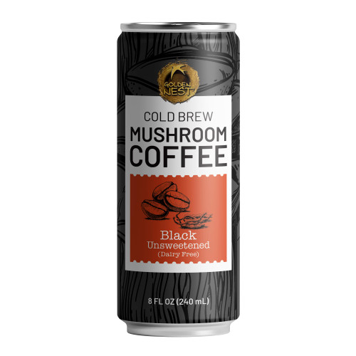 Golden Nest Cold Brew Mushroom Coffee | Ready to Drink Cold Brew Coffee with Organic Chaga & Cordyceps Mushroom | All Natural No Preservatives Dairy-Free | 8 Fl Oz Can (Black Unsweetened, 8 FL Oz (Pack of 12))