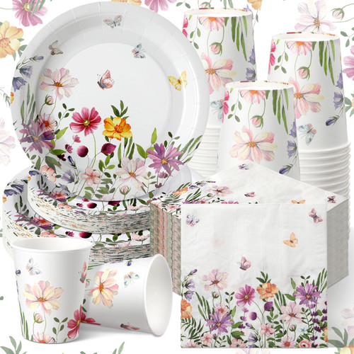Hsei 250 Pcs Spring Floral Party Tableware Set Floral Party Decorations Tableware Floral Disposable Paper Plate and Napkins Watercolor Floral Decorations for Wedding Birthday Baby Shower Party Supply