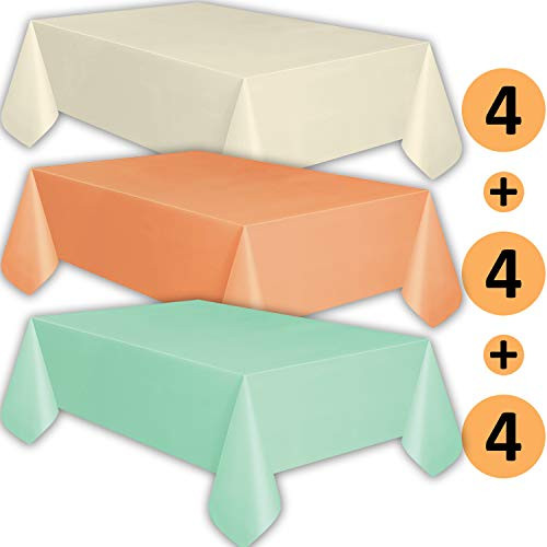 12 Plastic Tablecloths - Ivory, Peach, Mint - Premium Thickness Disposable Table Cover, 108 x 54 Inch, 4 Each Color