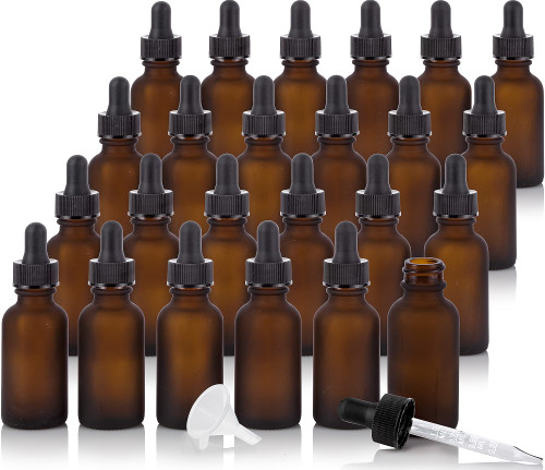 JUVITUS 1 oz / 30 ml Frosted Amber Glass Boston Round Bottle with Graduated Measurement Glass Dropper (24 pack) + Funnel