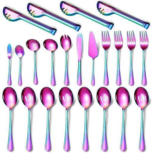 Keyoxy Rainbow Serving Utensils,23 Pcs Stainless Steel Serving Utensil with Serving Spoon,Slotted Spoons,Forks,Soup Ladle,Serving Tongs,Pie Server,Cake/Butter Knife Serving Utensils Set for Parties