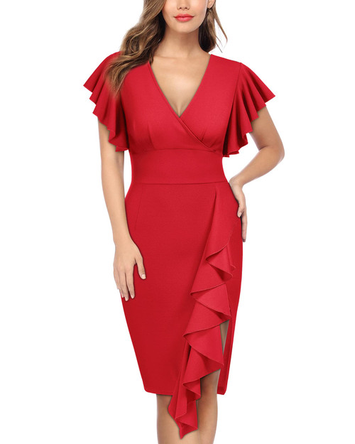 Knitee Women's Deep-V Neck Ruffle Sleeves Cocktail Party Pencil Slit Formal Dress (Red, Large)