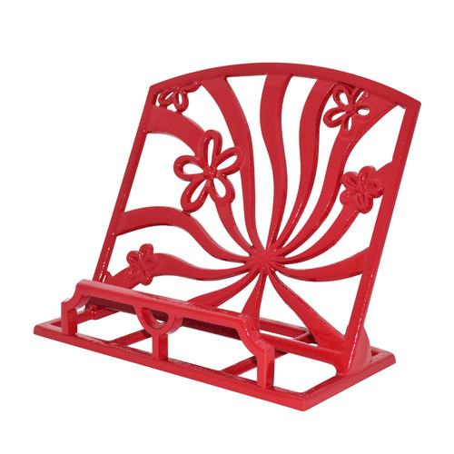 MINLUFUL Vintage Cast Iron Cookbook Stand - Elegant Recipe Book Display Holder with Daffodil Pattern for Kitchen Counter Decoration, Red