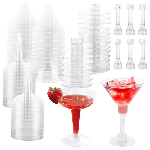 RHBLME 100 Pack 2 Style Plastic Martini Glasses Disposable, 5 Oz Disposable Cocktail Glasses Stemmed Stackable Shatterproof Dessert Cups, Plastic Champagne Coupe for Party Weddings Birthday