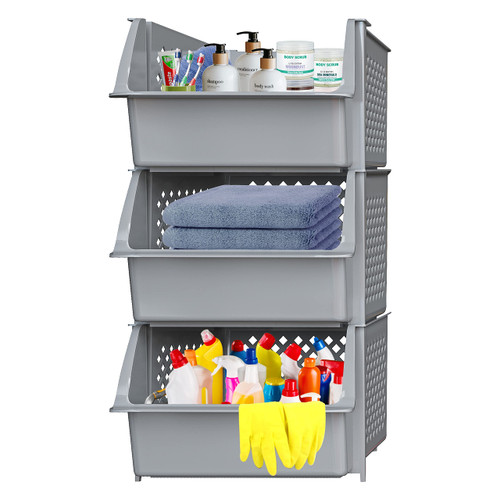 Skywin Plastic Stackable Storage Bins for Pantry - 3 Pack Grey Stackable Bins For Organizing Food, Kitchen, and Bathroom Essentials