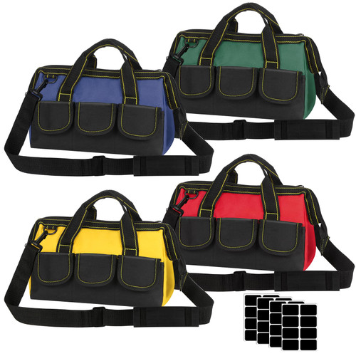 Tool Bags,4 Pack for Tool Bags for Men Heavy Duty, 13 Inch Large Capacity Heavy Duty Tool Bag with Adjustable Shoulder Strap,Multi Pockets Wide Mouth Tool Tote, Waterproof Hard Bottom.