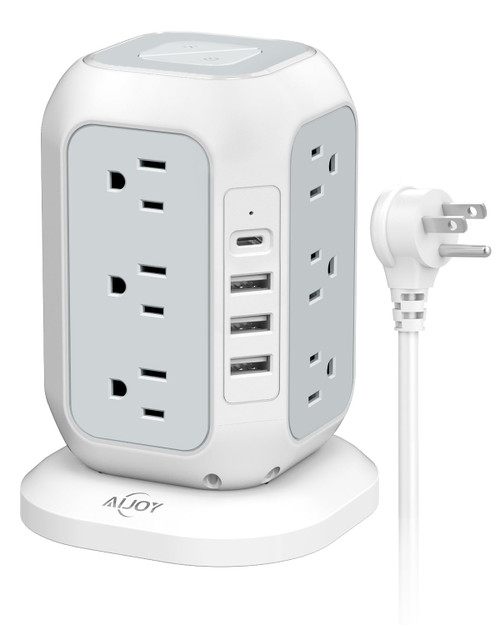 USB C Power Strip Tower, AiJoy Surge Protector Power Strip with 12 AC Outlet and 4 USB Ports(1 USB C), 10 Feet Extension Cord, USB Charging Station with Surge Protection, for Home Office Dorm