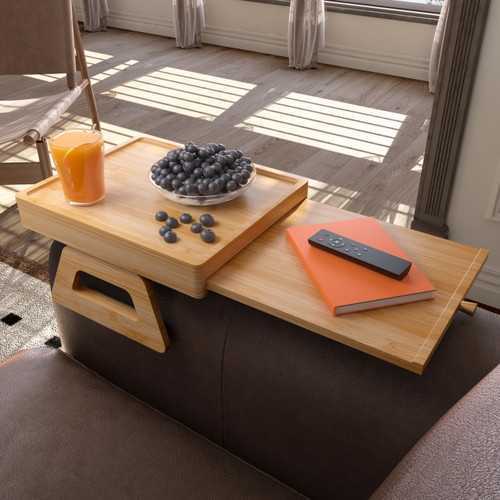 ZAANTI Couch Arm Table Tray, Expandable Bamboo Sofa Tray, Foldable Bamboo Sofa Tray Table Clip for Wide Couches Arm, Multifunctional Sofa Armrest Tray for Food, Drinks, Snacks, Remote