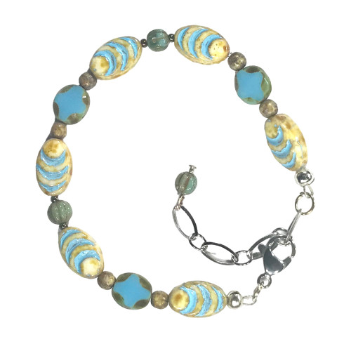CariCat Designs Handmade Boho Chic Beachy Turquoise Czech Glass Beaded Bracelet with Lobster Clasp and Extension Chain with Accent Beading