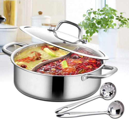 Double-flavor Shabu Shabu Hot pot with Divider & Soup Ladle, 304 Stainless Steel Shabu Shabu Pot, Safe Design Dual Sided Hot Pot for Induction Cooktop, Cookware Multi Cooker (12.6"(32cm))