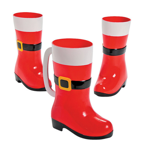 Fun Express Set of 12 Pieces Santa Boot Plastic Mugs, Each Holds 10 oz, BPA Free Plastic, Christmas Party Supplies, Multi-Color