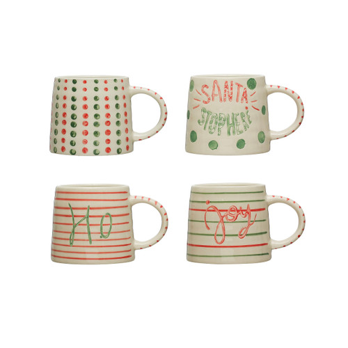 Creative Co-Op Round Stoneware Holiday Word/Pattern, Set of 4 Styles Mugs & Cups, Multi