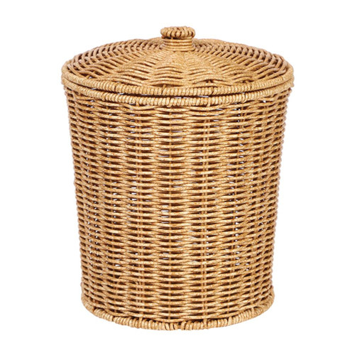 PRETYZOOM Rattan Waste Basket with Lid Portable Wicker Trash Can Round Plastic Trash Bin Woven Storage Basket Dirty Clothes Container for Living Room Bedroom Bathroom Kitchen Office