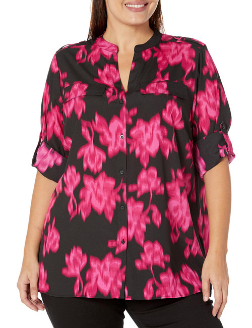 Calvin Klein Women's Plus Printed Roll Tab Sleeve, BLK/Cerise