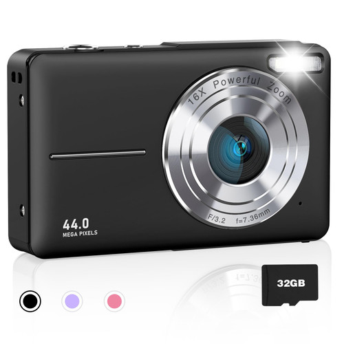 AiTechny Digital Camera, 1080P FHD Camera for Kids, 44MP Point and Shoot Digital Camera with 32GB Card, Fill Light, 16X Zoom, Anti-Shake, Compact Small Camera Gift for Teens Boys Girls(Black)
