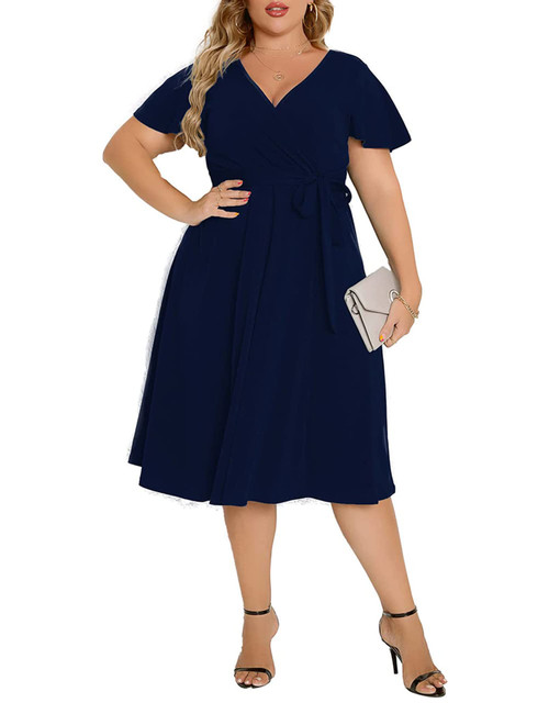 Agmibrelr Women's Plus Size Flutter Sleeve Dress Deep V Neck A-Line Swing Midi Dresses Navy Blue XL Agmibrelr Women's Plus Size Flutter Sleeve Dress Deep V Neck A-Line Swing Midi Dresses Navy Blue XL