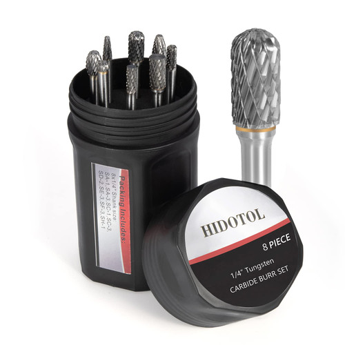 HIDOTOL Carbide Burr Set 1/4" Shank 8PC Tungsten Double Cut Carbide Rotary Burr Set for Metal and Wood Carving, Grinding, Polishing, Engraving, Drilling in Sturdy Round Case.