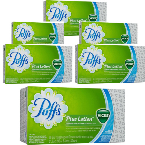 Puffs Plus Vicks Lotion 2-Ply Facial Tissues, (Pack of 6 Box), Vicks Ultra Soft Tissues (88 Tissues per Box) With Laiby Sticker