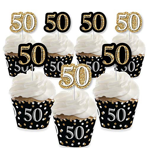 Adult 50th Birthday - Gold - Cupcake Decoration - Birthday Party Cupcake Wrappers and Treat Picks Kit - Set of 24