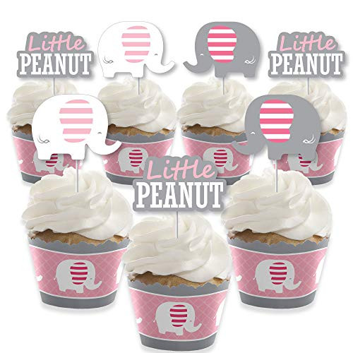 Pink Elephant - Cupcake Decoration - Girl Baby Shower or Birthday Party Cupcake Wrappers and Treat Picks Kit - Set of 24