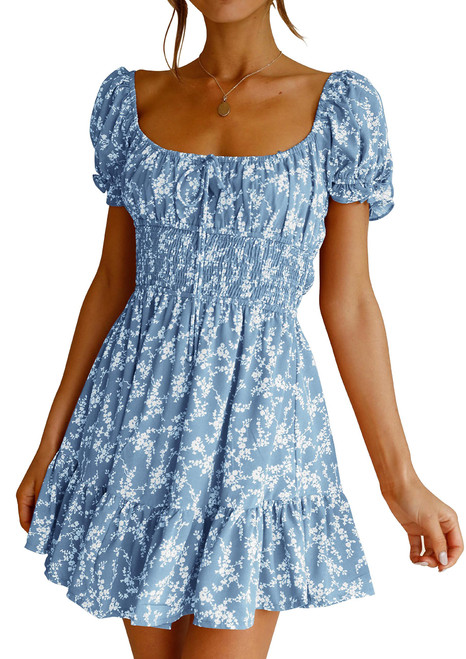 Imily Bela Womens Summer Dress Ruffle Sleeve Sqaure Neck Smocked Sun Dress Casual Boho Beach Floral Mini Dress Blue