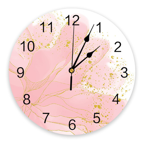 LUSWEET Wall Clock 14 Inch Silent PVC Wall Clock Ombre Pink Flower Gold Line Geometric Hanging Clock Non Ticking Battery Operated Round Clock for Living Room Kitchen Bedroom School Decor