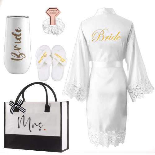 5 Pcs Bride Wedding Gifts Bride Bridesmaids Robes Bridal Shower Gifts Set Tote Bag Slippers Tumbler Bachelorette Gifts (Bride)