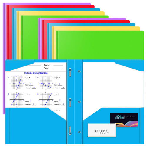 BAOFALI 12 Pack A4 Pocket Plastic Folder 2 Pockets and 3 Prongs 2 Card Slots, Durable, Tear-Resistant Heavy Duty Pocket Folders with Prongs, Colored Prong Folders for Schoolwork & Officer(Colors)
