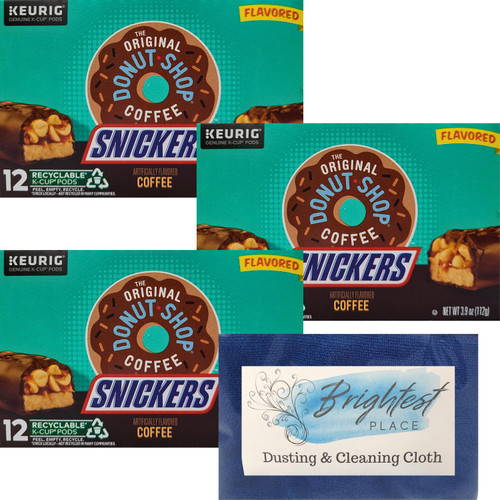 Chocolate Caramel Nut Candy Bar Coffee K-Cup Pods Beverage Bundle with Brightest Place Clean Up Cloth and The Original Donut Shop Snickers Flavor 12ct Pack of 3 Boxes