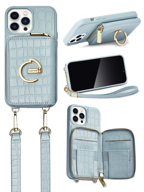 CUSTYPE for iPhone 13 Pro Case Wallet with Card Holder for Women, Crossbody Zipper Case with Strap Wrist, Protective Leather Case Purse with Ring for Apple iPhone 13 Pro, 6.1inch, Blue