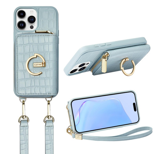 CUSTYPE for iPhone 15 Pro Case Wallet with Card Holder for Women, Crossbody Zipper Case with Strap Wrist, Protective Leather Case Purse with Ring for Apple iPhone 15 Pro 6.1inch, Blue