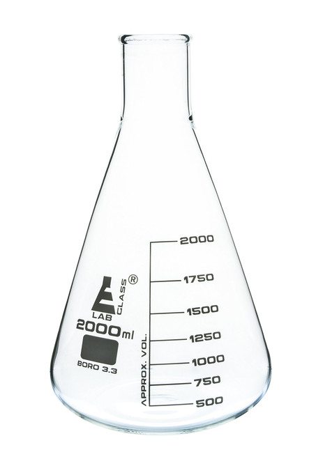 Erlenmeyer Flask, 2000ml - Borosilicate Glass - Narrow Neck, Conical Shape - White Graduations - Eisco Labs Erlenmeyer Flask, 2000ml - Borosilicate Glass - Narrow Neck, Conical Shape - White Graduations - Eisco Labs
