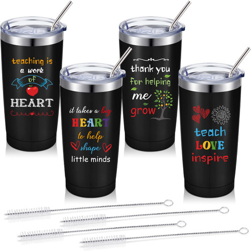 Patelai 4 Pieces Teacher Appreciation Gifts Best Teacher Birthday Gifts Stainless Steel Insulated Tumblers Set Funny Thank You Tumbler Coffee Mugs for Graduation Teachers' Day Present (Black, Cute)