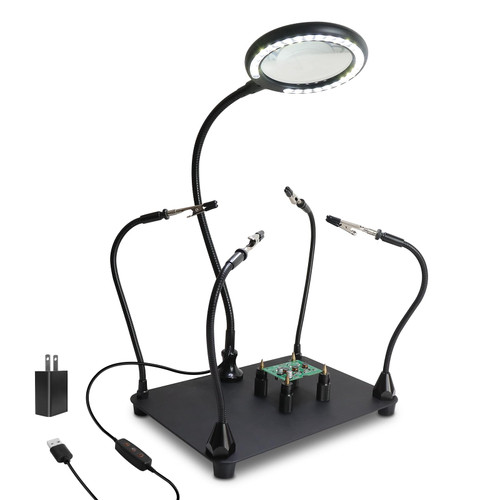 XYK Magnetic Helping Hands Soldering Station with 3X Magnifying Glass with light, 4 Flexible Helping Hand Arms Magnifier and Third Hand Soldering Tool for Electronic Repair Soldering Jewelry Crafts
