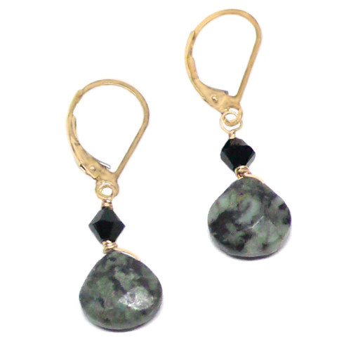Turquoise Jasper 9x9mm Briolette Gold-Filled Lever Back Earrings Crystal