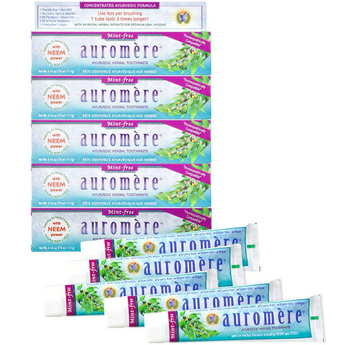 Auromere Ayurvedic Herbal Toothpaste, Mint Free - Vegan, Natural, Non GMO, Fluoride Free, Gluten Free, with Neem & Peelu (4.16 oz), 5 Pack Auromere Ayurvedic Herbal Toothpaste, Mint Free - Vegan, Natural, Non GMO, Fluoride Free, Gluten Free, with Neem & Peelu (4.16 oz), 5 Pack