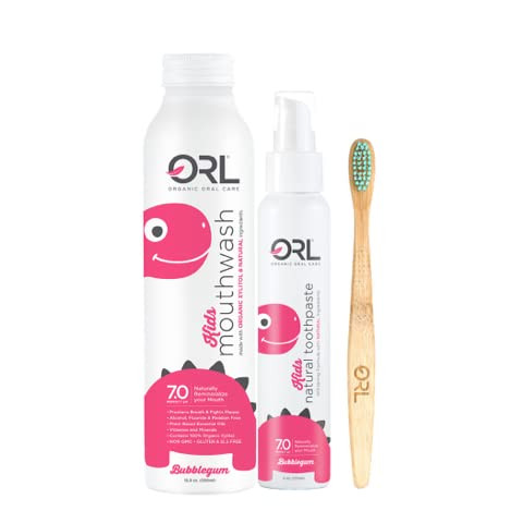 ORL Bubble Gum Natural Kids Toothpaste & Mouthwash Bundle - Bamboo Toothbrush Included