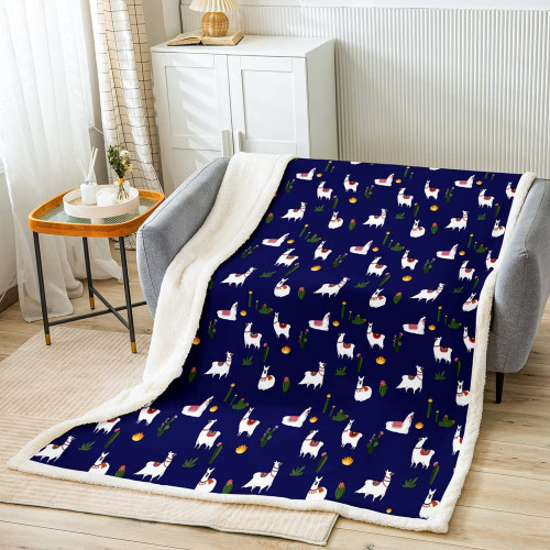Cute Llama Sherpa Blanket Cartoon Llama Alpaca Fleece Throw Blanket for Bed Sofa Couch Kids Decor 3D Animal Theme Plush Blanket South American Animals Navy Blue Warm Fuzzy Blanket Twin 60"x80"
