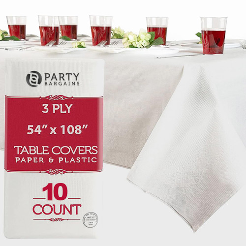 PARTY BARGAINS 10 Disposable Table Covers - 54" X 108", 3 Ply Paper & Plastic White Table Cover