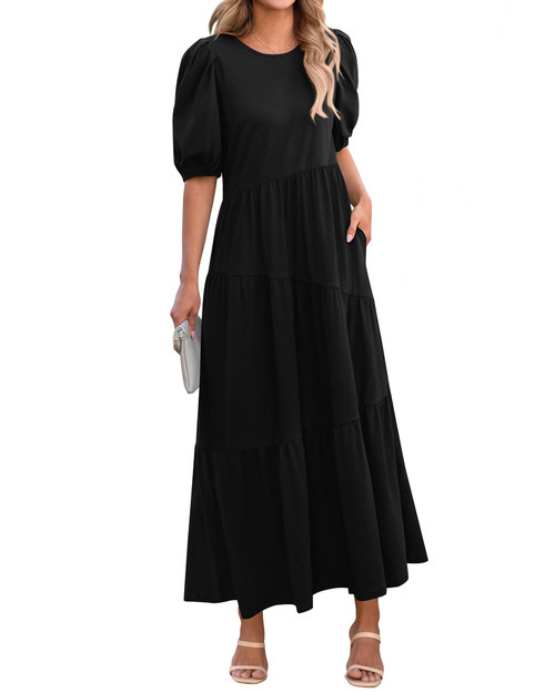BTFBM Women's Casual Summer Midi Dresses Crew Neck Short Sleeve Loose Fit Dress Tiered Flowy Beach Dresses with Pockets(Solid Black, Small)
