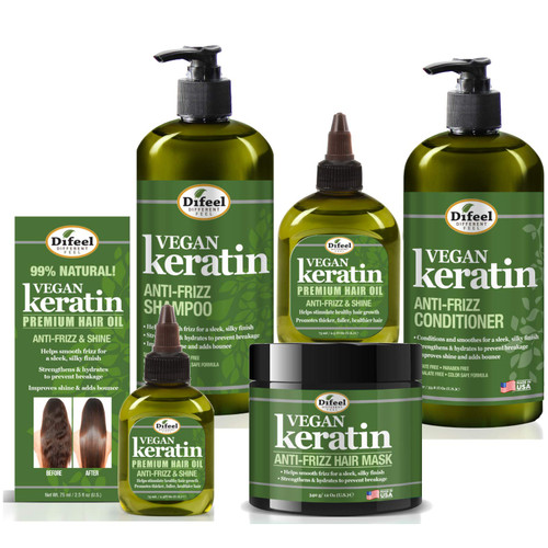 Difeel Vegan Keratin Anti-Frizz Hair Care 5-PC Set - Vegan Shampoo, Vegan Conditioner, Vegan Hair Oils and Vegan Hair Mask