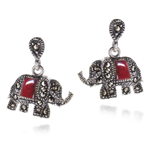 Royal Elephant Red Colored Glass and Marcasite Style Pyrite .925 Sterling Silver Stud Earrings