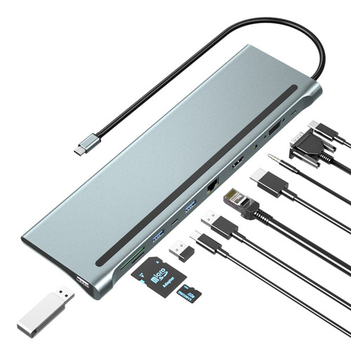 USB C Docking Station, 11 in 1 Dual Monitor Docking Station Dual Displays USB Dock of HDMI, VGA, Multiport Adapter with Ethernet, USB C 3.0, SD/TF, PD USB C, 3 USB A for Windows MacBook Type C Laptops