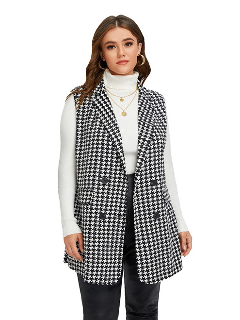WDIRARA Women's Plus Size Plaid Button Open Front Sleeveless Blazer Jacket Black and White 1XL